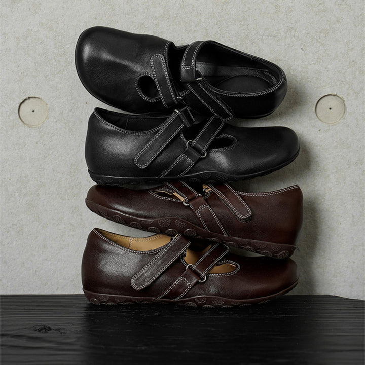 Handmade Vintage Cutout Leather Mary Jane Flats for Women with Hidden Lift in Black/Brown