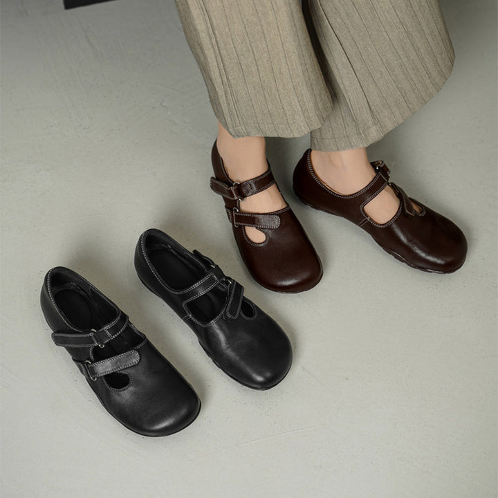 Handmade Vintage Cutout Leather Mary Jane Flats for Women with Hidden Lift in Black/Brown