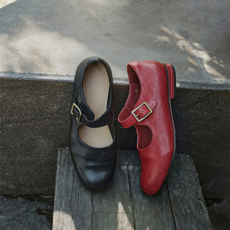 Handmade Classic Horse Leather Mary Jane Shoes for Women in Black/Red