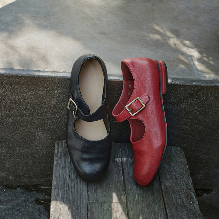Handmade Classic Horse Leather Mary Jane Shoes for Women in Black/Red