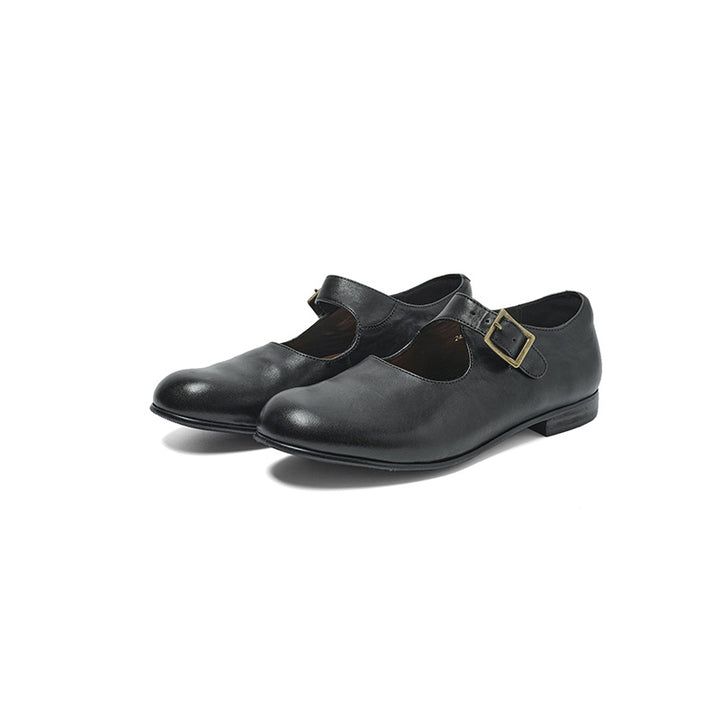 Handmade Classic Horse Leather Mary Jane Shoes for Women in Black/Red