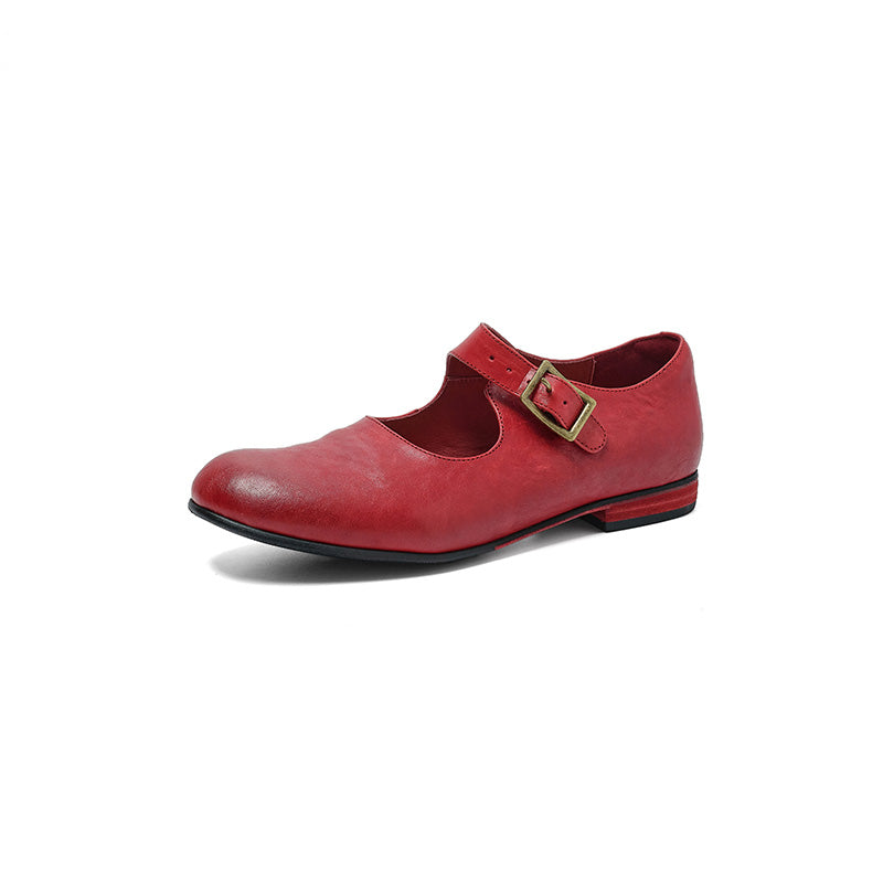Handmade Classic Horse Leather Mary Jane Shoes for Women in Black/Red