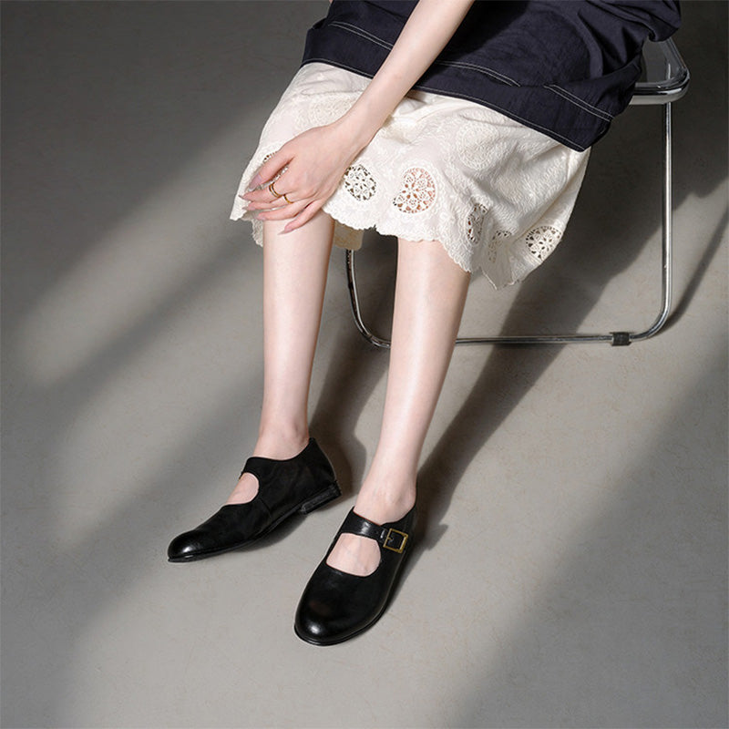 Handmade Classic Horse Leather Mary Jane Shoes for Women in Black/Red