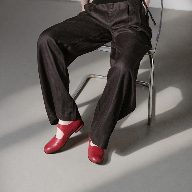 Handmade Classic Horse Leather Mary Jane Shoes for Women in Black/Red
