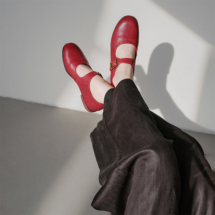 Handmade Classic Horse Leather Mary Jane Shoes for Women in Black/Red