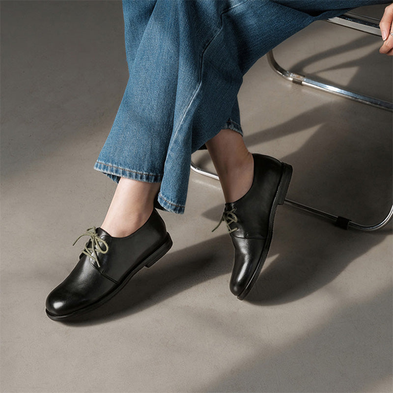 Handmade Vintage Horse Leather Derby Shoes Lace-Up Flat Oxfords for Women in Black