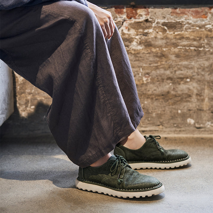 Handmade Horse Leather Moc Toe Casual Derby Shoes for Women in Coffee/Dark Green