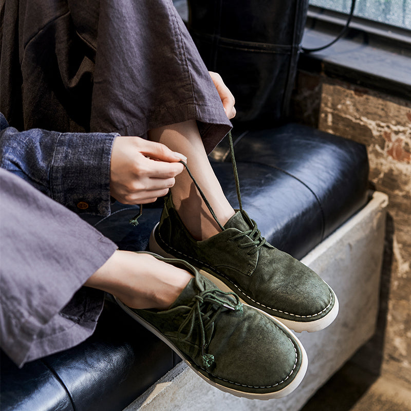 Handmade Horse Leather Moc Toe Casual Derby Shoes for Women in Coffee/Dark Green