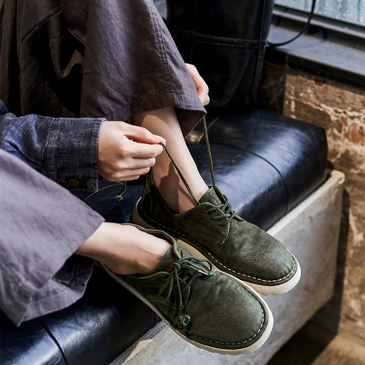 Handmade Horse Leather Moc Toe Casual Derby Shoes for Women in Coffee/Dark Green