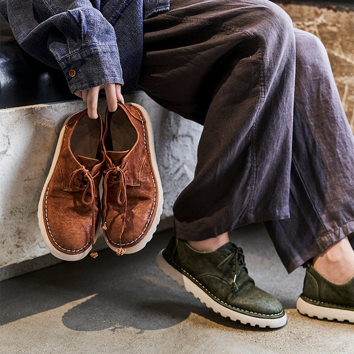 Handmade Horse Leather Moc Toe Casual Derby Shoes for Women in Coffee/Dark Green