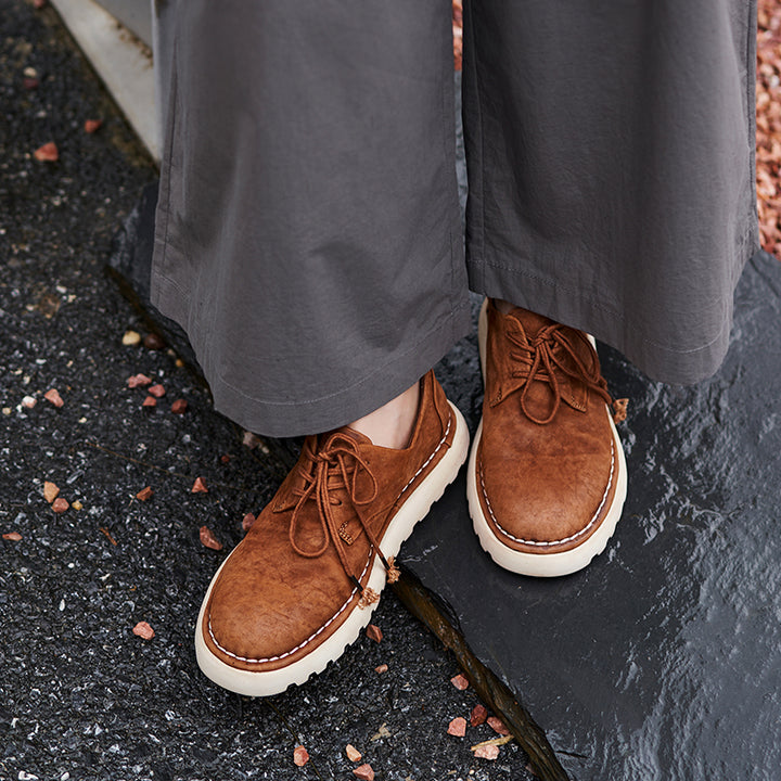 Handmade Horse Leather Moc Toe Casual Derby Shoes for Women in Coffee/Dark Green