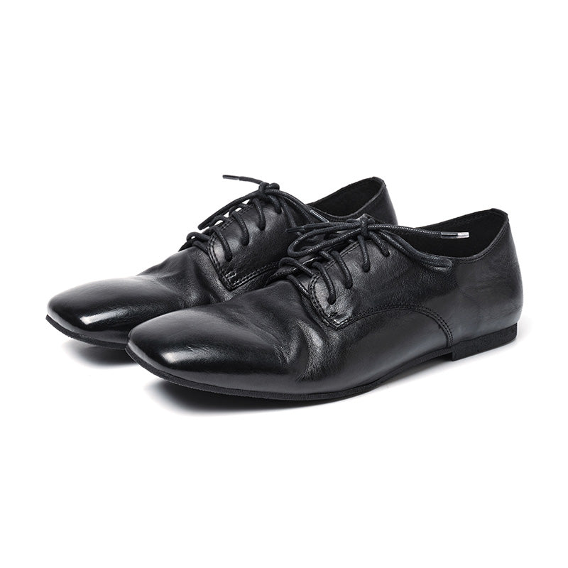 Handmade Vintage Horse Leather Derby Shoes Square Toe Flat Oxfords for Women in Black/Coffee