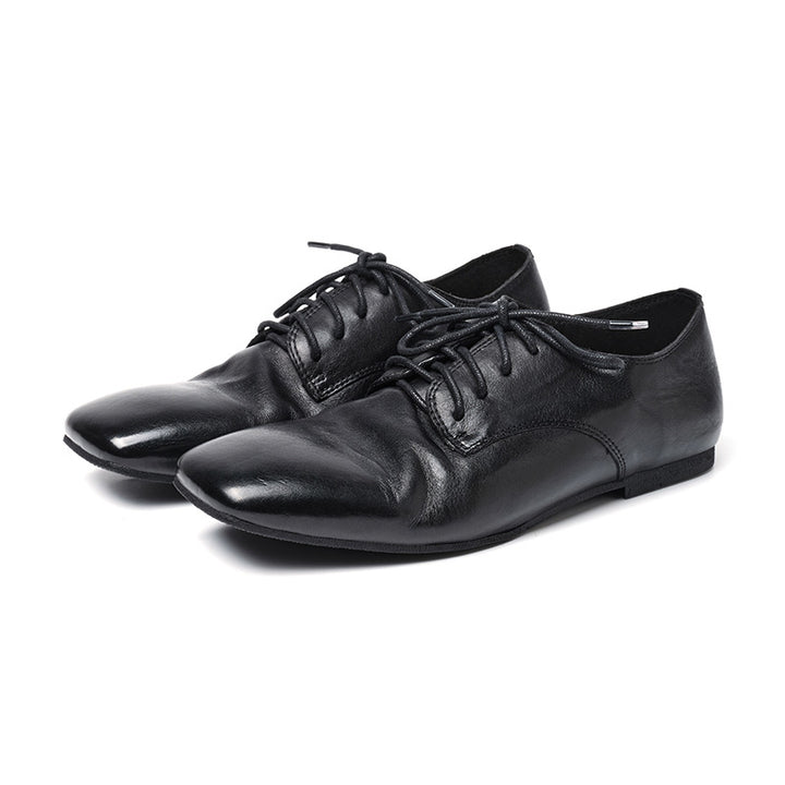 Handmade Vintage Horse Leather Derby Shoes Square Toe Flat Oxfords for Women in Black/Coffee