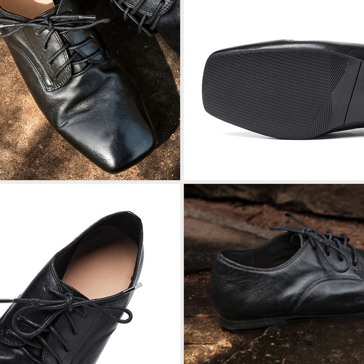 Handmade Vintage Horse Leather Derby Shoes Square Toe Flat Oxfords for Women in Black/Coffee