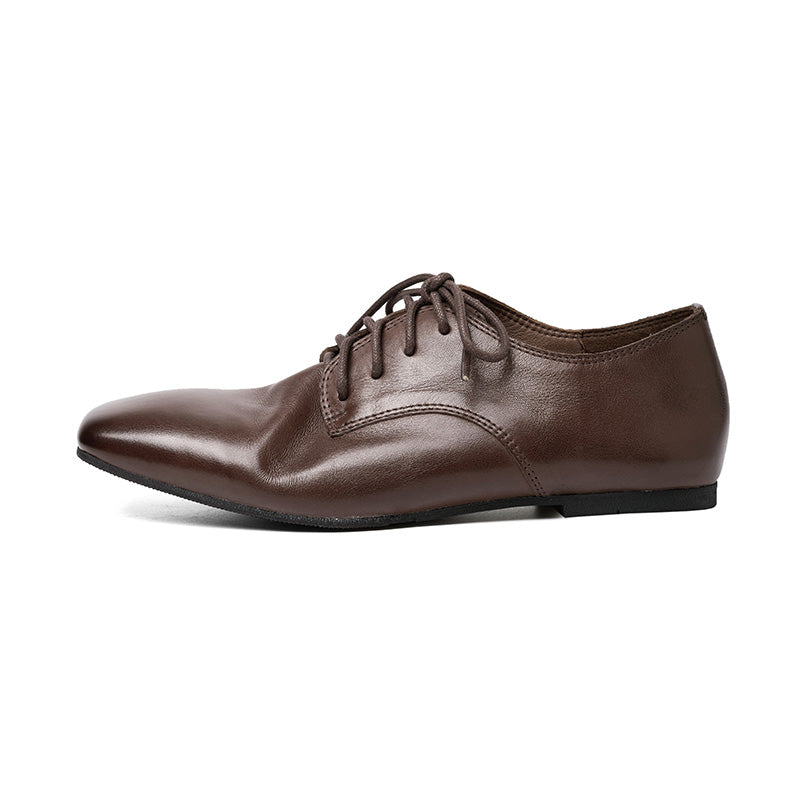 Handmade Vintage Horse Leather Derby Shoes Square Toe Flat Oxfords for Women in Black/Coffee