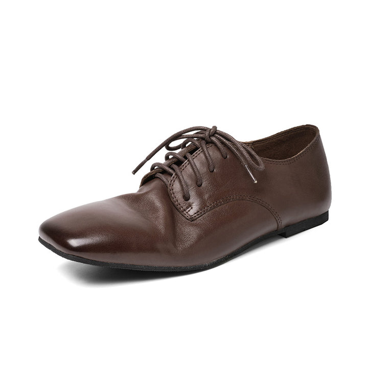 Handmade Vintage Horse Leather Derby Shoes Square Toe Flat Oxfords for Women in Black/Coffee