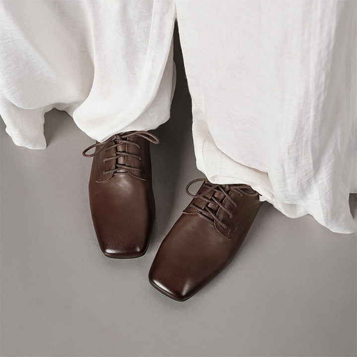 Handmade Vintage Horse Leather Derby Shoes Square Toe Flat Oxfords for Women in Black/Coffee