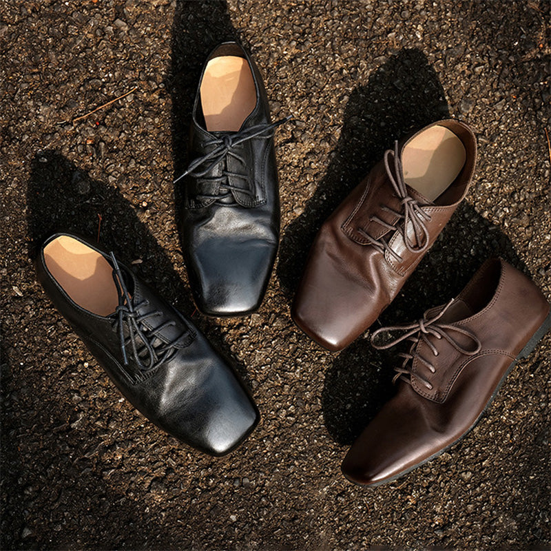 Handmade Vintage Horse Leather Derby Shoes Square Toe Flat Oxfords for Women in Black/Coffee