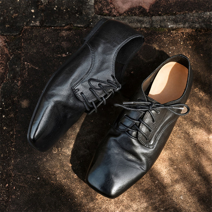 Handmade Vintage Horse Leather Derby Shoes Square Toe Flat Oxfords for Women in Black/Coffee