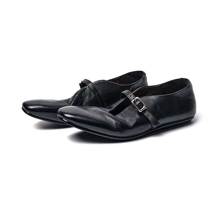 Handmade Vintage Square Toe Horse Leather Mary Jane Flats for Women in Black/Red/Green