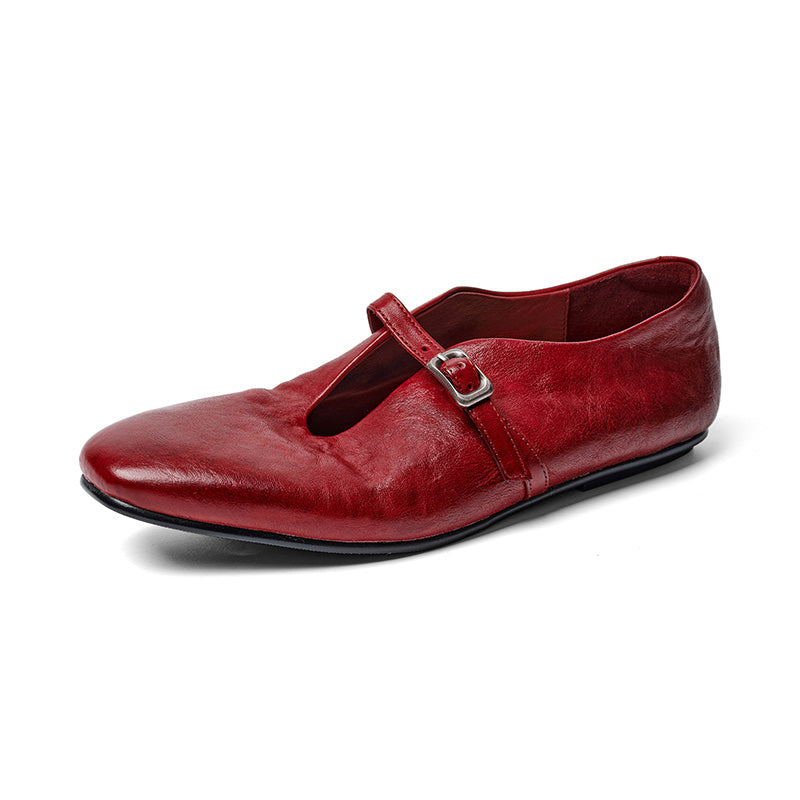 Handmade Vintage Square Toe Horse Leather Mary Jane Flats for Women in Black/Red/Green