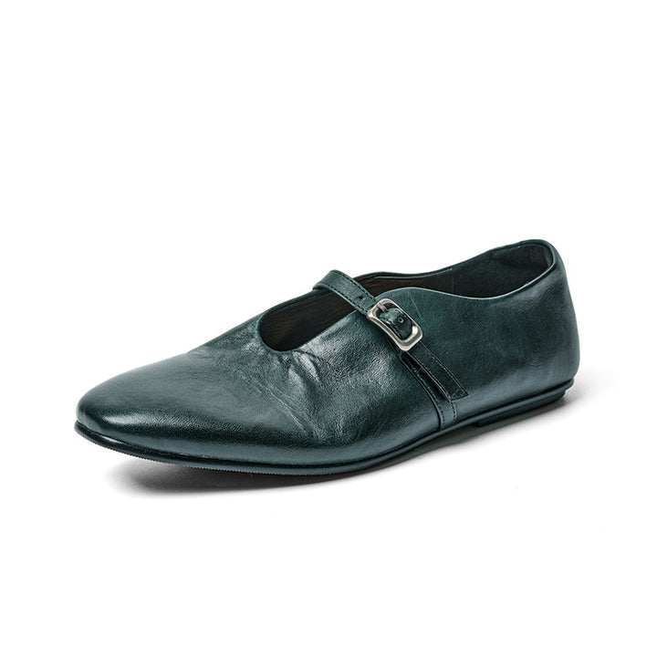 Handmade Vintage Square Toe Horse Leather Mary Jane Flats for Women in Black/Red/Green