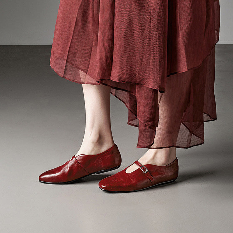 Handmade Vintage Square Toe Horse Leather Mary Jane Flats for Women in Black/Red/Green