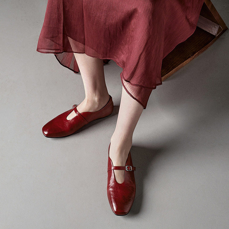 Handmade Vintage Square Toe Horse Leather Mary Jane Flats for Women in Black/Red/Green