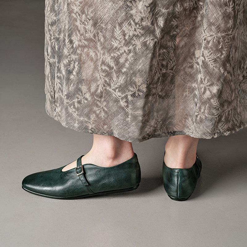 Handmade Vintage Square Toe Horse Leather Mary Jane Flats for Women in Black/Red/Green