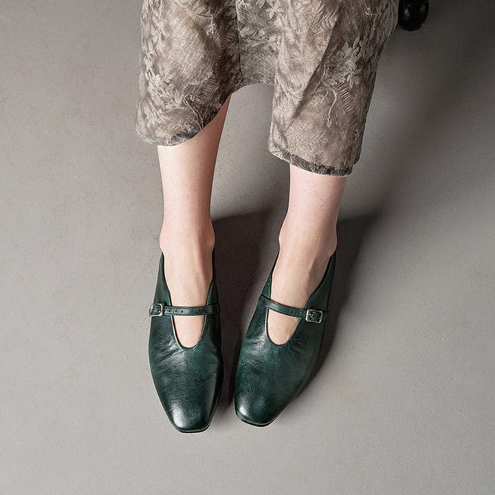 Handmade Vintage Square Toe Horse Leather Mary Jane Flats for Women in Black/Red/Green