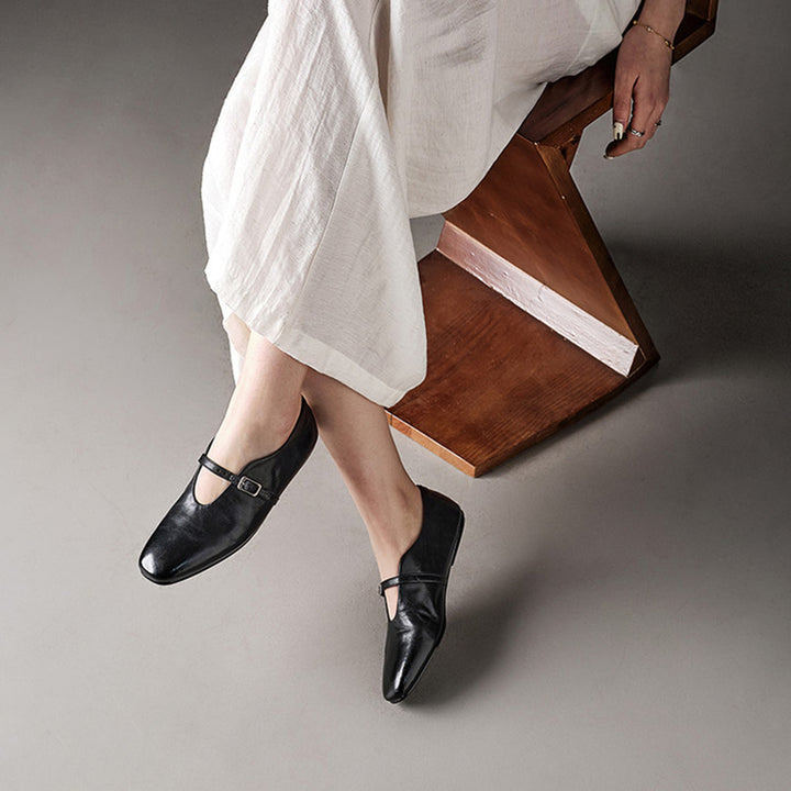 Handmade Vintage Square Toe Horse Leather Mary Jane Flats for Women in Black/Red/Green