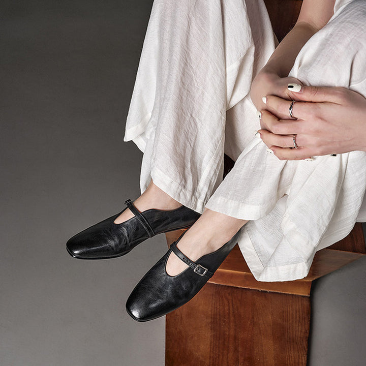 Handmade Vintage Square Toe Horse Leather Mary Jane Flats for Women in Black/Red/Green