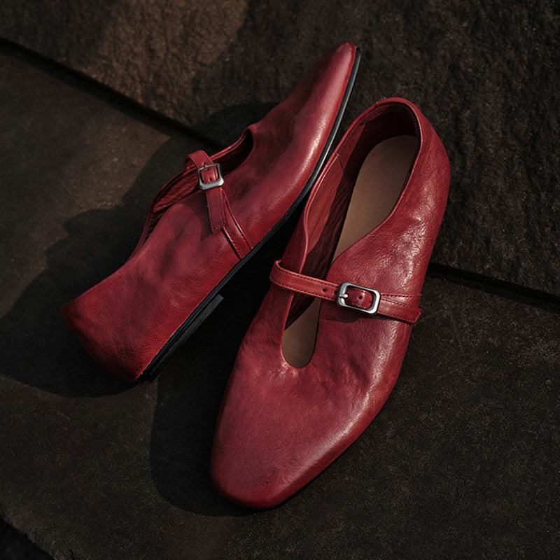 Handmade Vintage Square Toe Horse Leather Mary Jane Flats for Women in Black/Red/Green