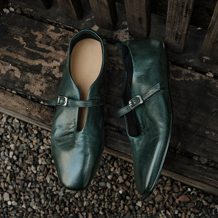 Handmade Vintage Square Toe Horse Leather Mary Jane Flats for Women in Black/Red/Green