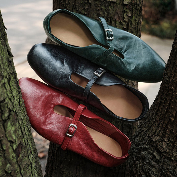 Handmade Vintage Square Toe Horse Leather Mary Jane Flats for Women in Black/Red/Green