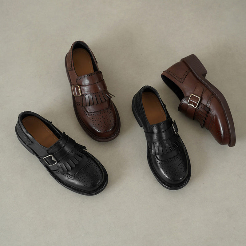 Retro Fringe Kiltie Brogue Monk Strap Shoes Low Heel Loafers for Women in Black/Brown