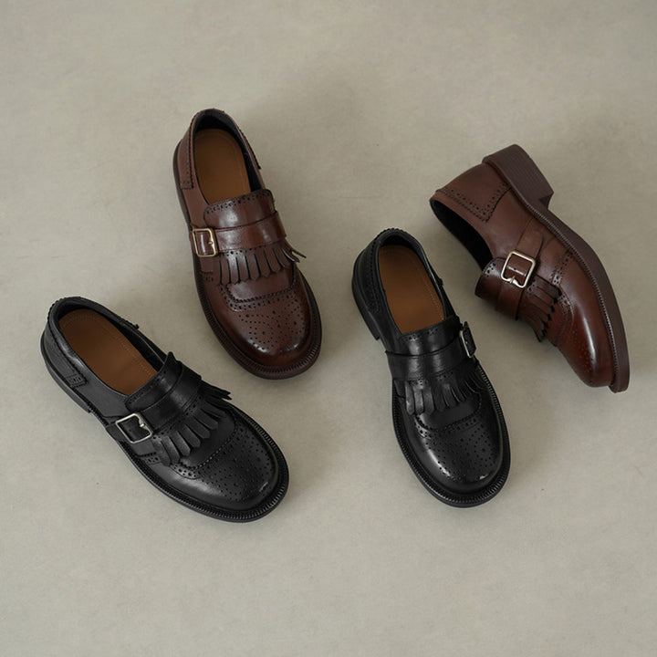 Retro Fringe Kiltie Brogue Monk Strap Shoes Low Heel Loafers for Women in Black/Brown