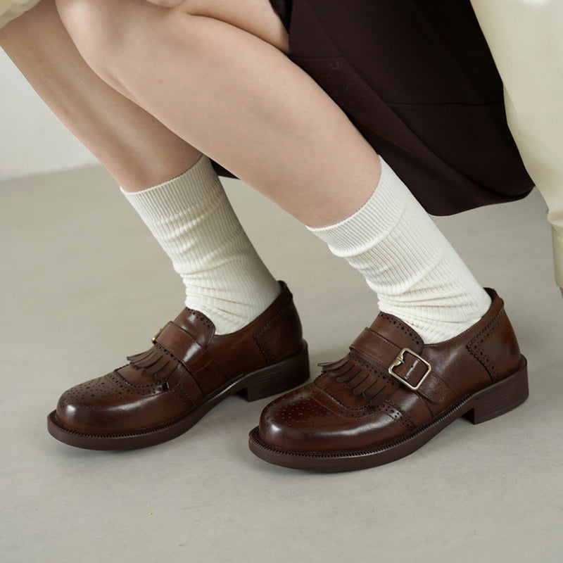 Retro Fringe Kiltie Brogue Monk Strap Shoes Low Heel Loafers for Women in Black/Brown