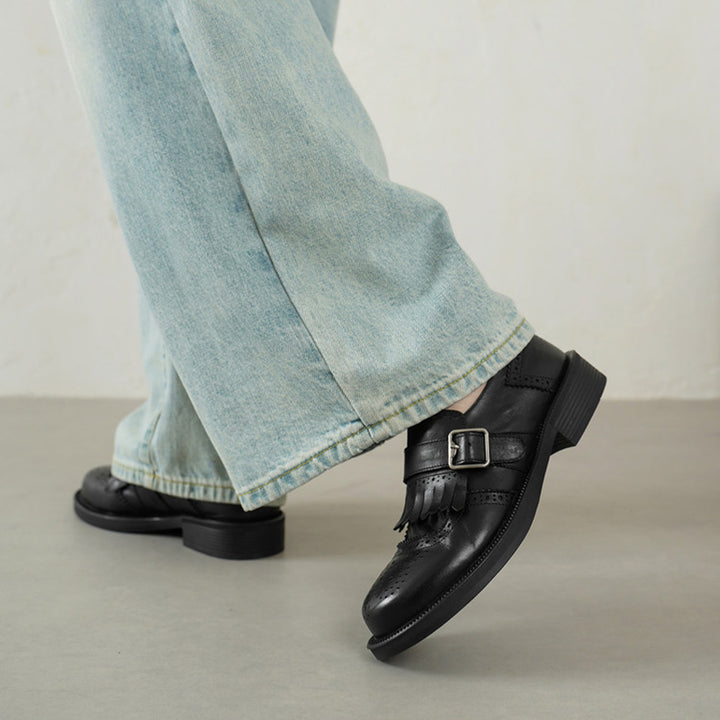 Retro Fringe Kiltie Brogue Monk Strap Shoes Low Heel Loafers for Women in Black/Brown