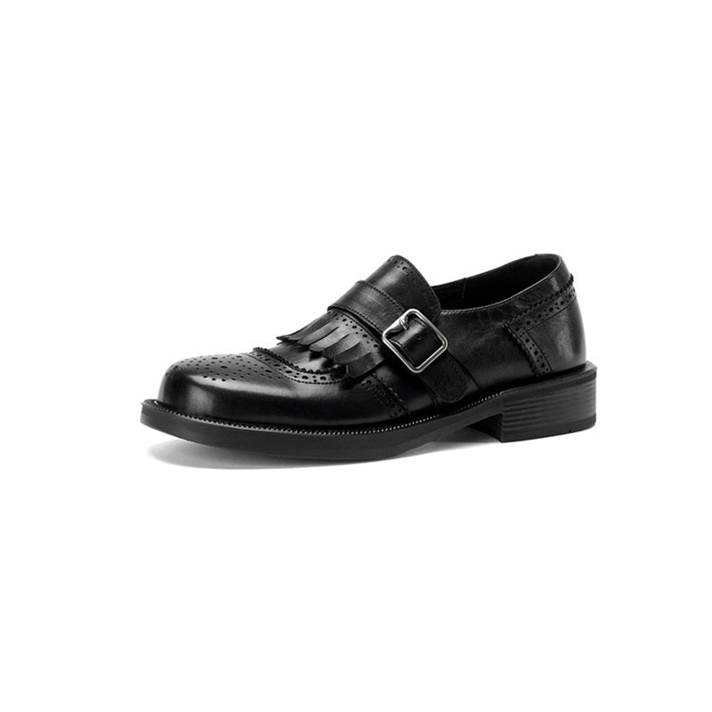 Retro Fringe Kiltie Brogue Monk Strap Shoes Low Heel Loafers for Women in Black/Brown