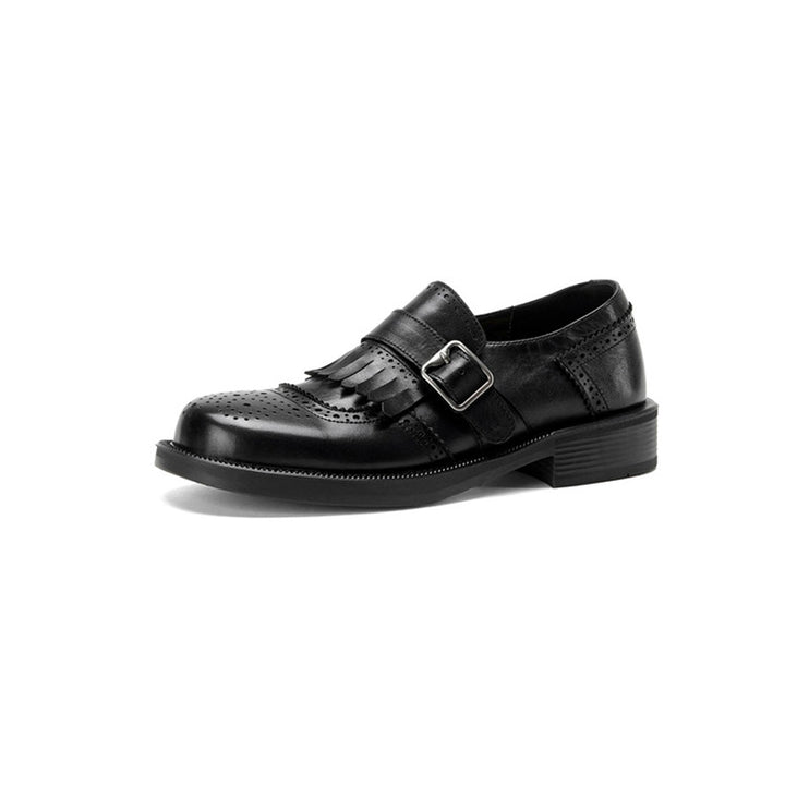 Retro Fringe Kiltie Brogue Monk Strap Shoes Low Heel Loafers for Women in Black/Brown