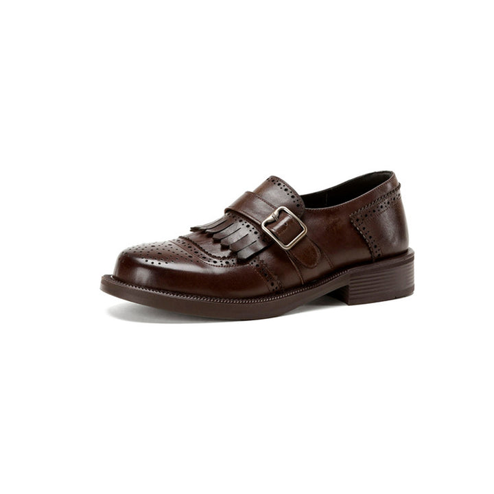 Retro Fringe Kiltie Brogue Monk Strap Shoes Low Heel Loafers for Women in Black/Brown