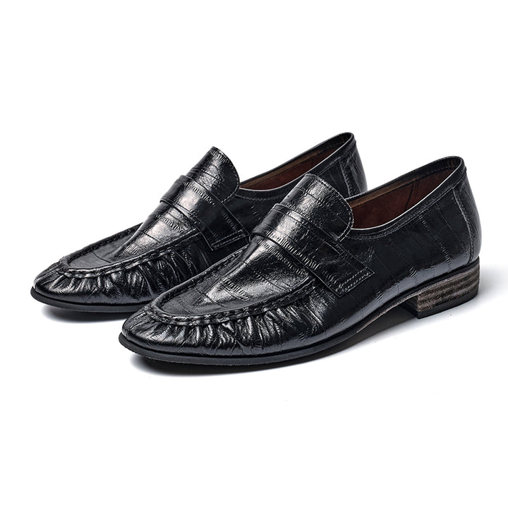Handmade Leather Penny Loafers Gathered Slip-On Office Shoes in Black/Yellow/Brown