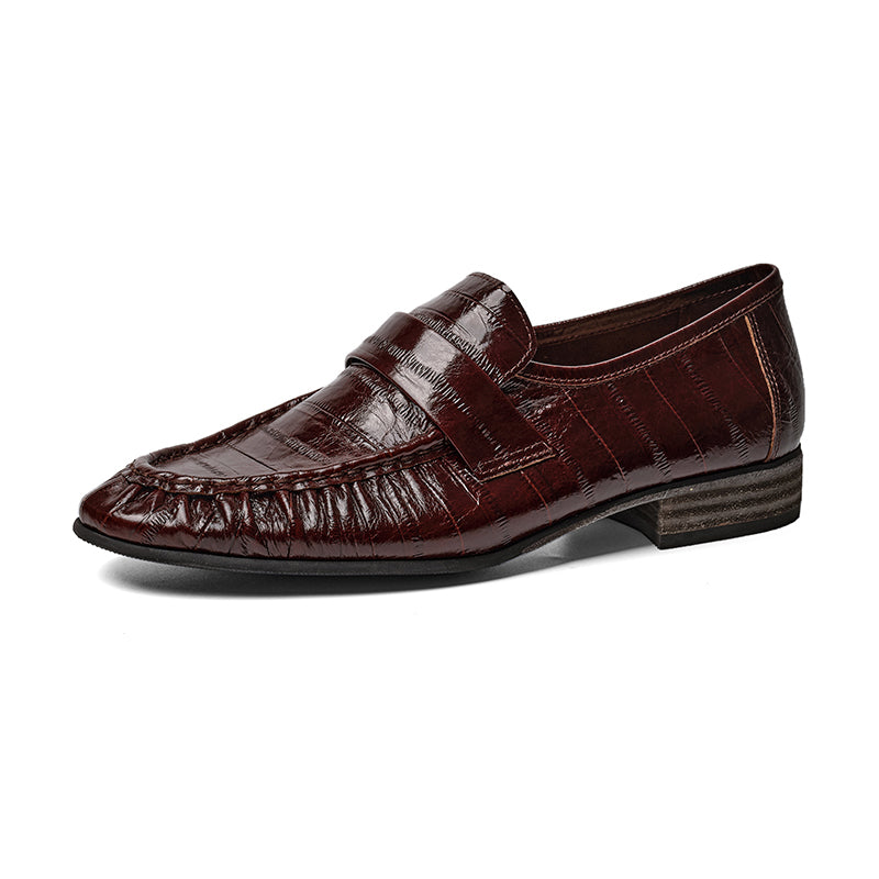Handmade Leather Penny Loafers Gathered Slip-On Office Shoes in Black/Yellow/Brown