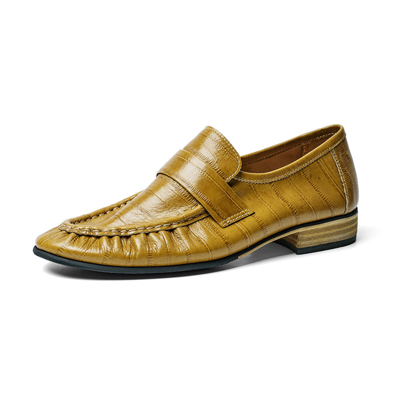 Handmade Leather Penny Loafers Gathered Slip-On Office Shoes in Black/Yellow/Brown