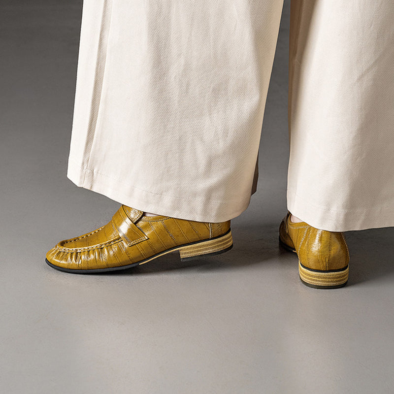 Handmade Leather Penny Loafers Gathered Slip-On Office Shoes in Black/Yellow/Brown
