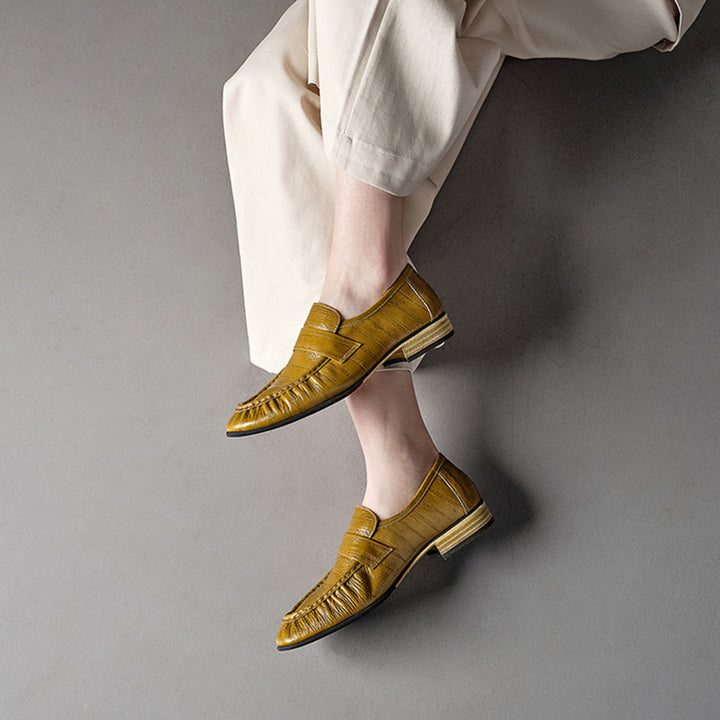 Handmade Leather Penny Loafers Gathered Slip-On Office Shoes in Black/Yellow/Brown