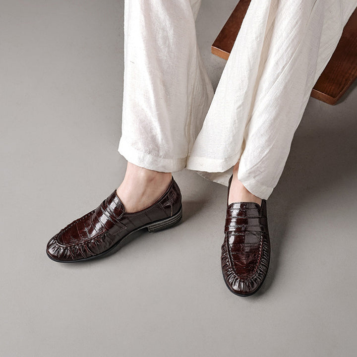 Handmade Leather Penny Loafers Gathered Slip-On Office Shoes in Black/Yellow/Brown