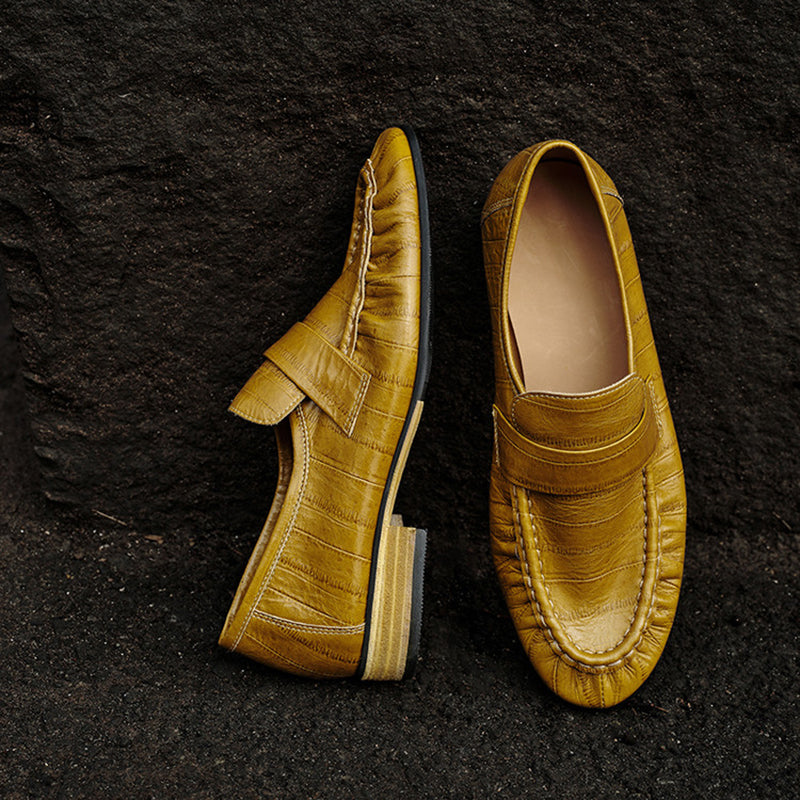Handmade Leather Penny Loafers Gathered Slip-On Office Shoes in Black/Yellow/Brown