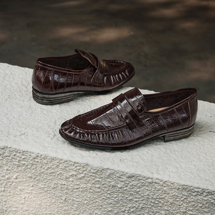 Handmade Leather Penny Loafers Gathered Slip-On Office Shoes in Black/Yellow/Brown